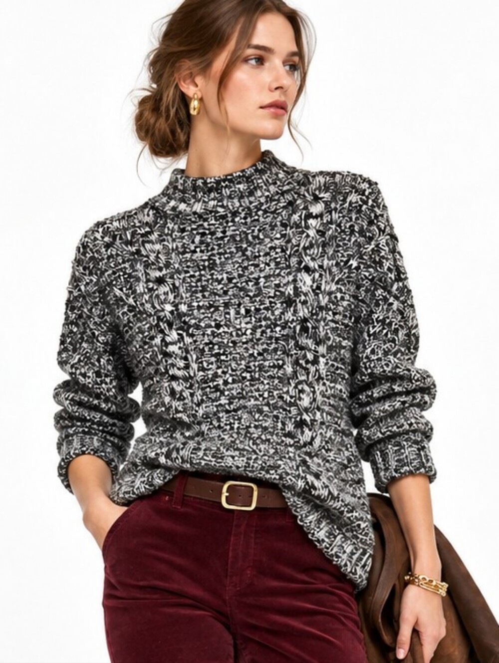 525 America Sweater Mock turtleneck Black White Tweed oversized